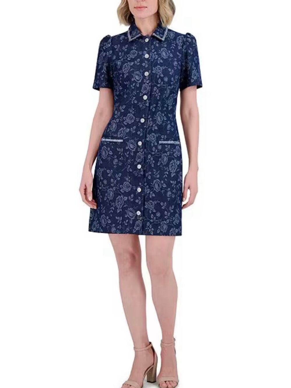 Eliza J Size 10 Denim Floral Shirt Dress Blue Rhinestone Button Front Mini - Picture 2 of 12